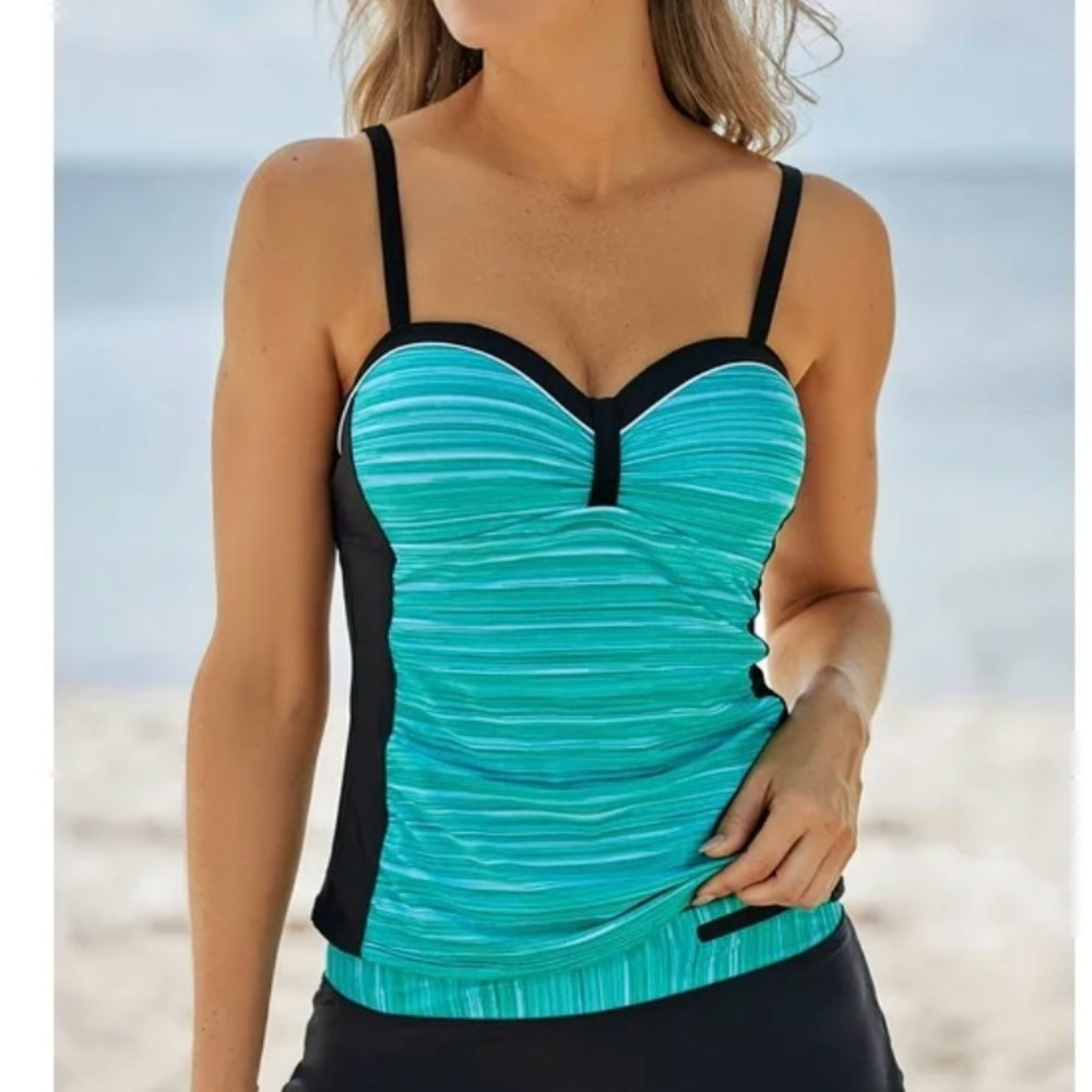 NWOT LAKIDAY  Women's Striped Teal TanKini / Top ……573